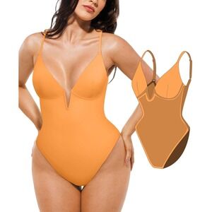 NWT Popilush Tummy Control One Piece Swimsuit Orange Deep V Underwire Large